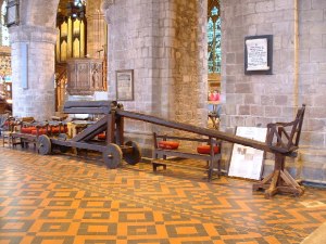 Ducking Stool in the church of my home region, Leominster, Herefordshire, as used to try witches. (CC John Phillips geograph.org.uk)